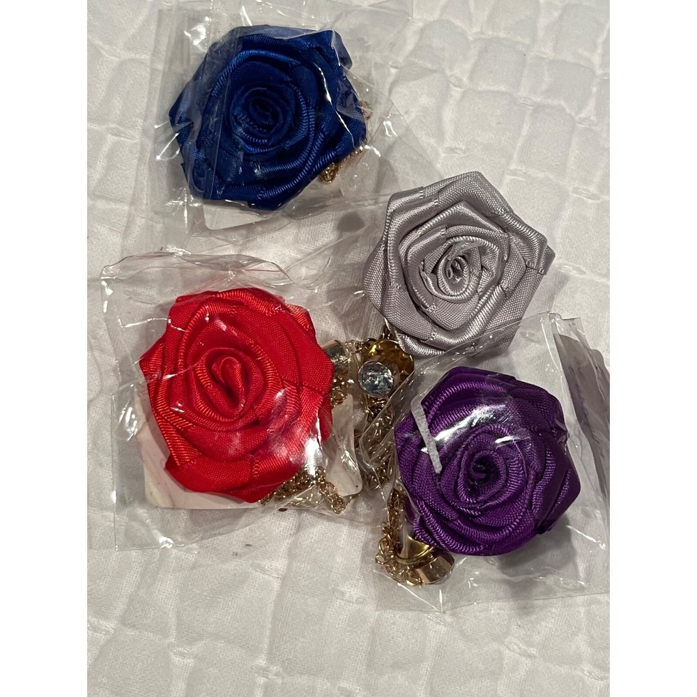 Set of 4 Satin Rose Boutonniere Pins w Chain & Crystal Red, Blue, Purple & Blue